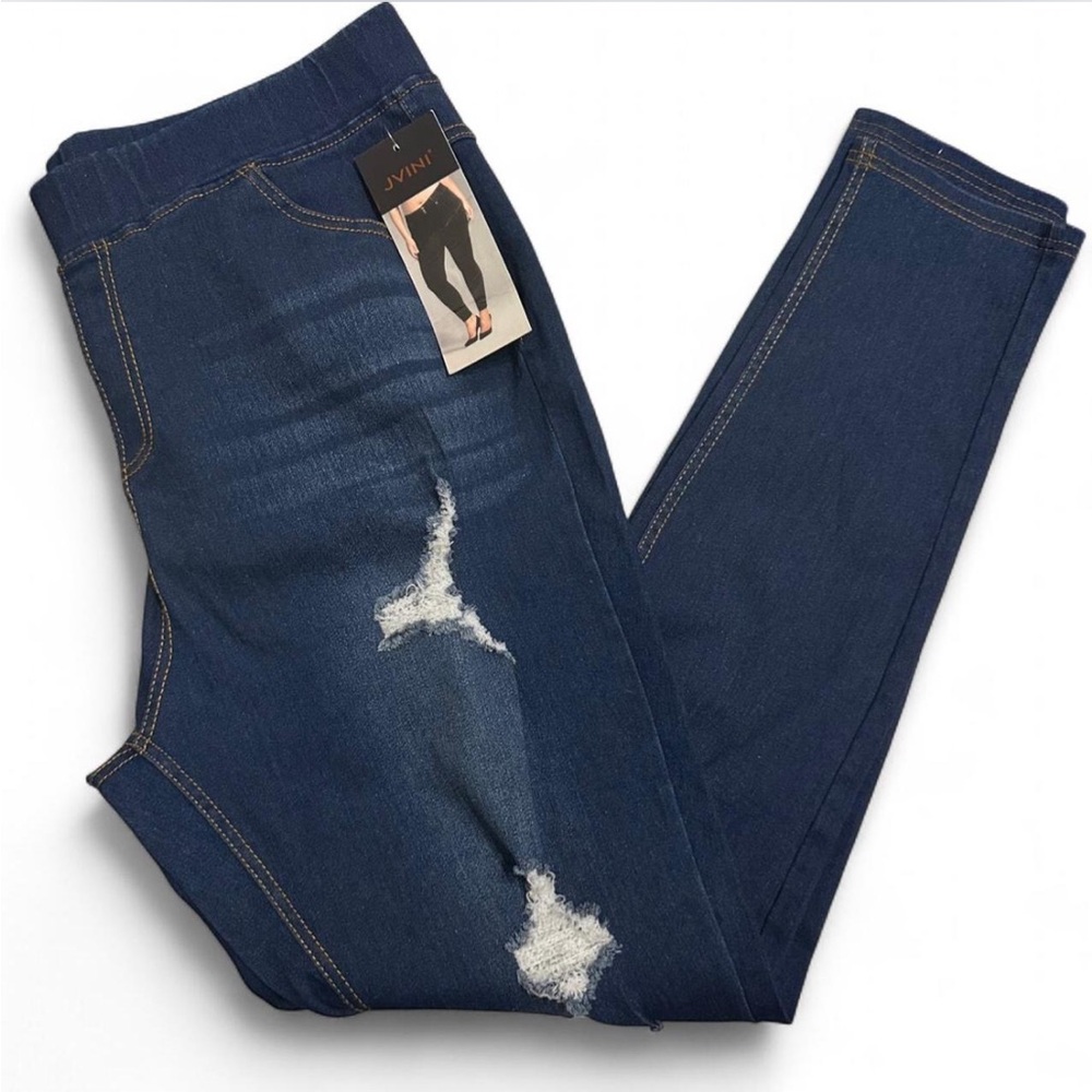 JVINI Dark Blue Denim Distressed Leggings
